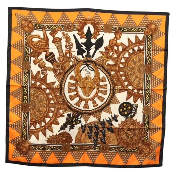 HERMES Carre 90 Scarf ""L'ORDES CHEFS"" Silk Black Orange Auth - Picture 1 of 14
